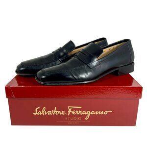 Salvatore Ferragamo Studio Mens Black Leather Penny Loafers 9.5D w/ Box Italian